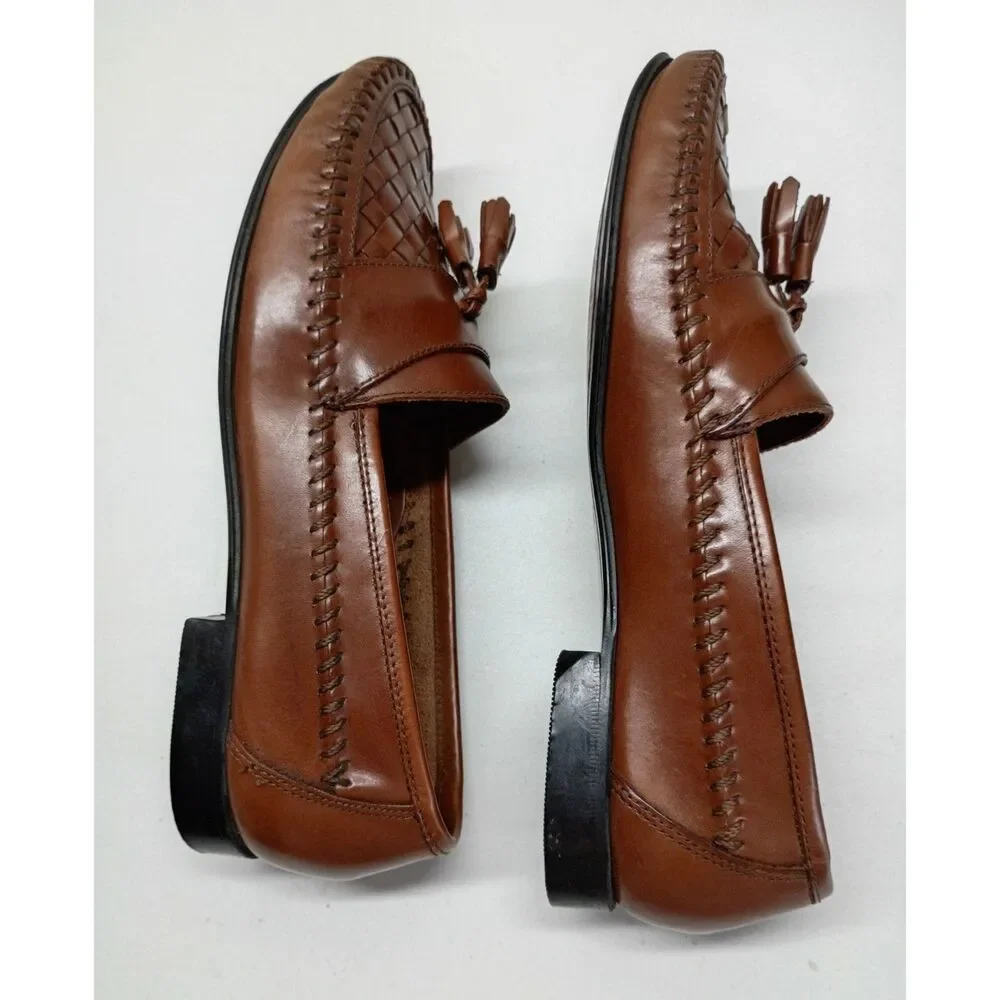 G.H. Bass & Co Leather Loafers Brown Men's 9M Tasseled Slip-on Blocky Heel Shoes